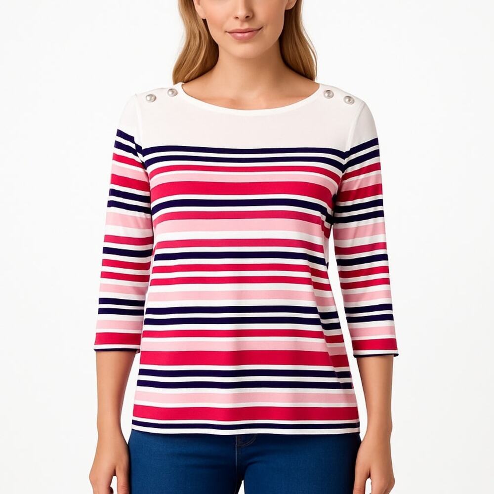 CROFT & BARROW Pink Striped Button Shoulder Cotton Blend Top